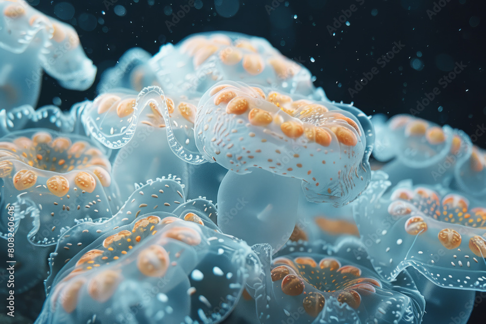 Poster an organism with a body made up of multiple gas bladders, adjusting its buoyancy to float through di
