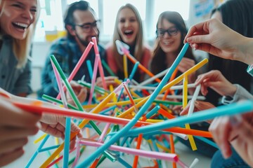Group of people participate on a team building activities, building a structure together using plastic sticks , teamwork , working together
