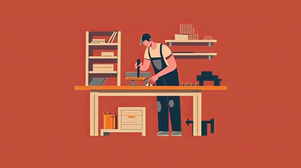Carpenter working at his workshop with tools. Vector illustration of woodworking and craftsmanship concept
