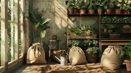 Rustic indoor garden scene with plants in burlap sacks and wooden shelves. Realistic 3D rendering.