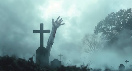 The hand of a zombie coming out from a grave, with a misty cemetery background
