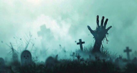 The hand of a zombie coming out from a grave, with a misty cemetery background