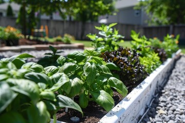 Fresh green basil and other herbs growing in a sunny garden bed