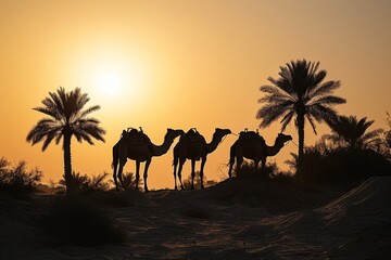Fototapeta na wymiar Camels silhouetted against a Dubai, breathtaking view of a camel caravan riding through the desert at sunset, Ai generated