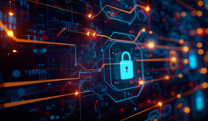 Obraz premium Information technology, data and lock with safety for cybersecurity, cloud computing and protection. Network, system and graphic with icon on server for internet, access control and database privacy