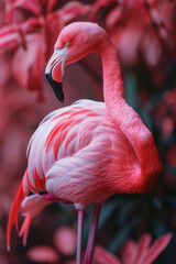 Obraz premium A pastel pink flamingo standing on one leg, serene and balanced, symbolizing grace and poise,
