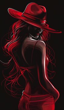 closeup woman wearing red hat dress urban black fedora seducing body long flowing hair mobster online casino female assassin cartoon