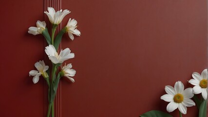 A red background with several flowers 