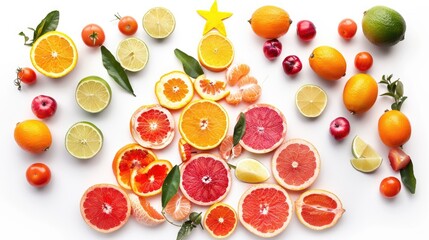 Christmas tree-shaped arrangement crafted from vibrant citrus fruits, standing out against a pristine white background, evoking holiday cheer and freshness. - Powered by Adobe
