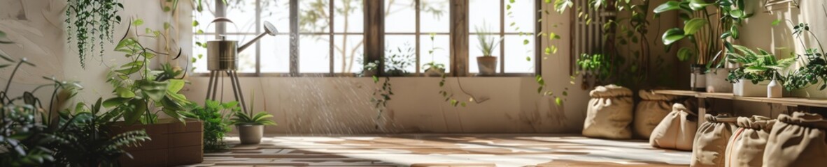 Panoramic view of a sunlit indoor garden with lush greenery and eco-friendly plant arrangements.