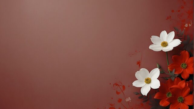 A red background with several flowers 