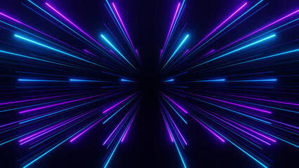 Naklejka premium 3d Render, Blue purple light line through dark background, hyper speed warp in space.