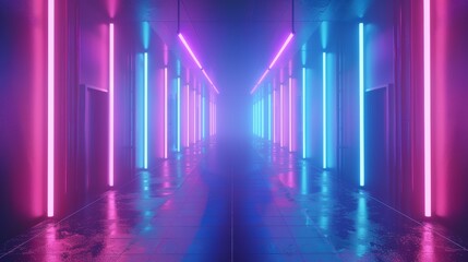 Futuristic neon light corridor with vibrant pink and blue lights reflecting on wet floor