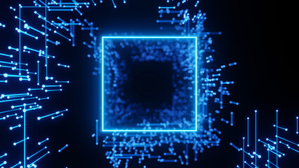 3d Render, Blue neon light square with digital technology light background, futuristic network connection.