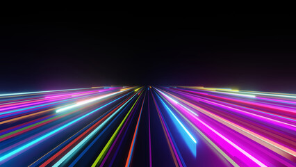 3d Render, Colorful light fast and speed line with glowing, high speed trail flare on dark background.