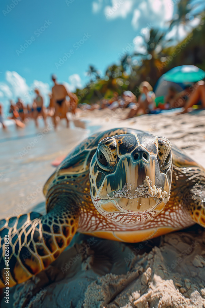 Poster a green turtle tucked tightly within its shell on a crowded beach, symbolizing anxiety and withdrawa