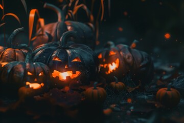 Halloween pumpkins background on a dark background, with space for your text