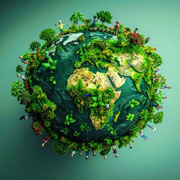 The image shows a green planet Earth with people standing around it.