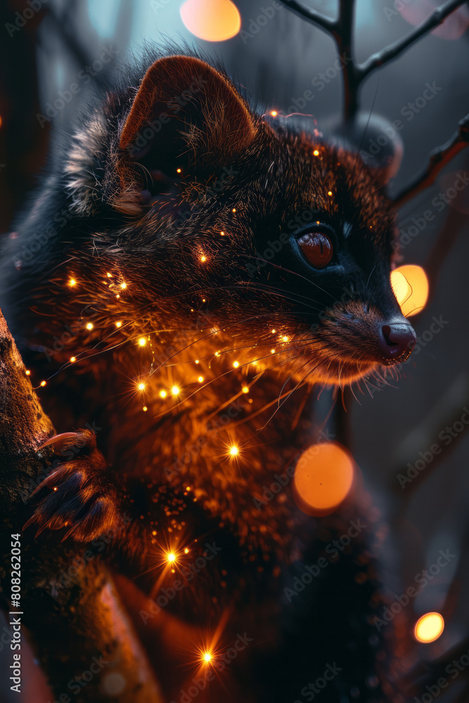 Poster a nocturnal creature with fur that absorbs starlight and moonlight, slowly releasing it to create a 