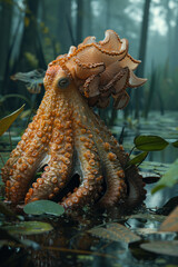 A creature with accordion-like lungs that allow it to breathe both air and water, living in swampy environments with fluctuating water levels,