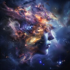 Realistic style image of an infinite, eternal cosmic mind in which universes are created from thought and all things are expressed through us as belief