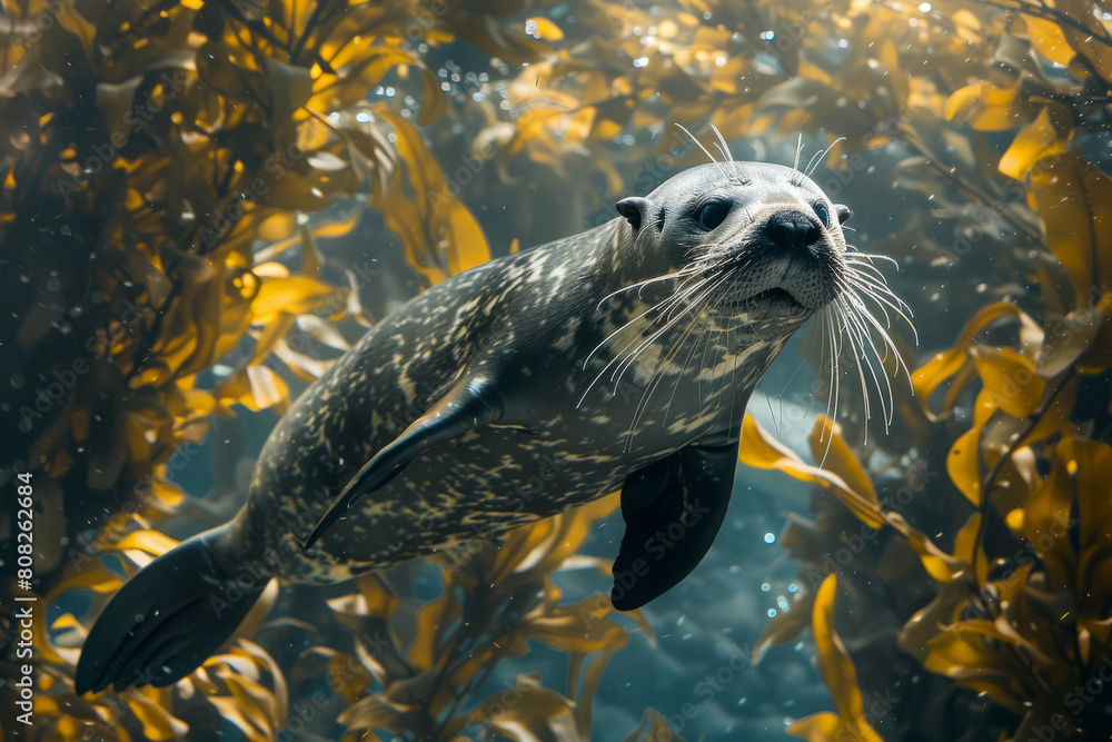 Poster an aquatic mammal with sponge-like fur that filters and cleans water as it swims in a polluted ocean