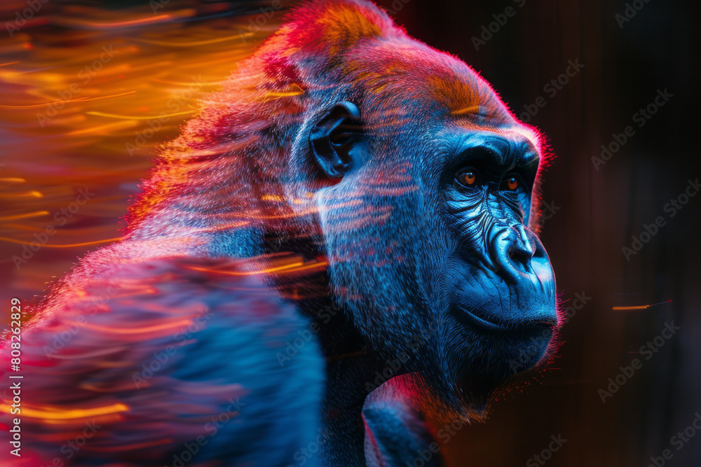 Poster A gorilla with a fur pattern that looks like dripping paint, each color blending into the next in a dynamic display,