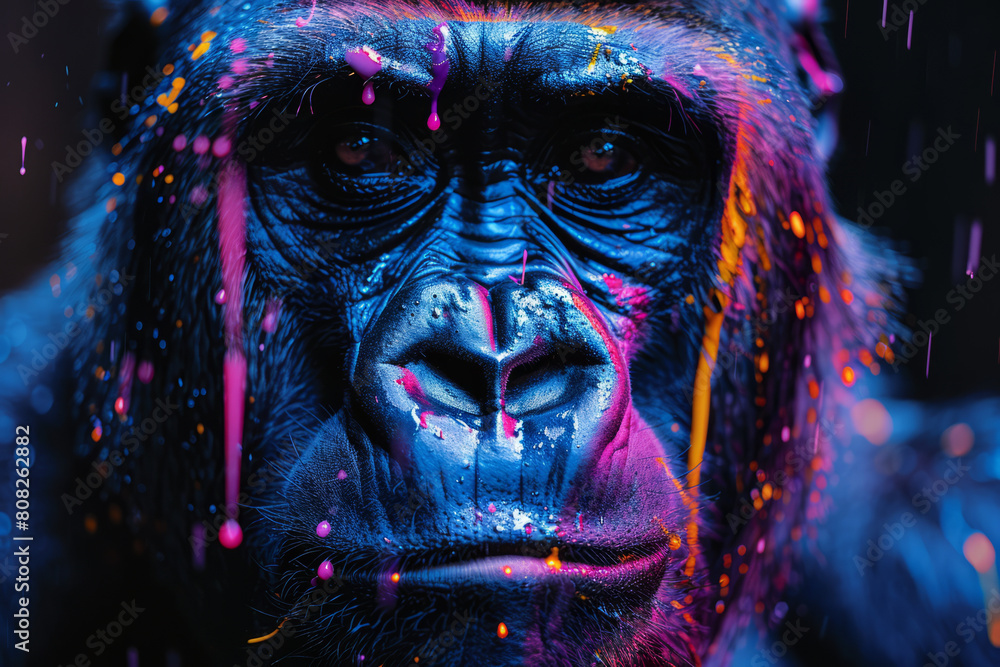 Aufkleber a gorilla with a fur pattern that looks like dripping paint, each color blending into the next in a 