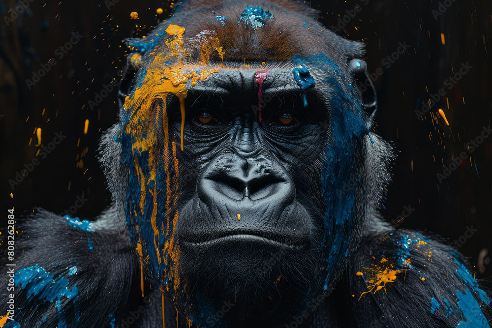 Poster A gorilla with a fur pattern that looks like dripping paint, each color blending into the next in a dynamic display,