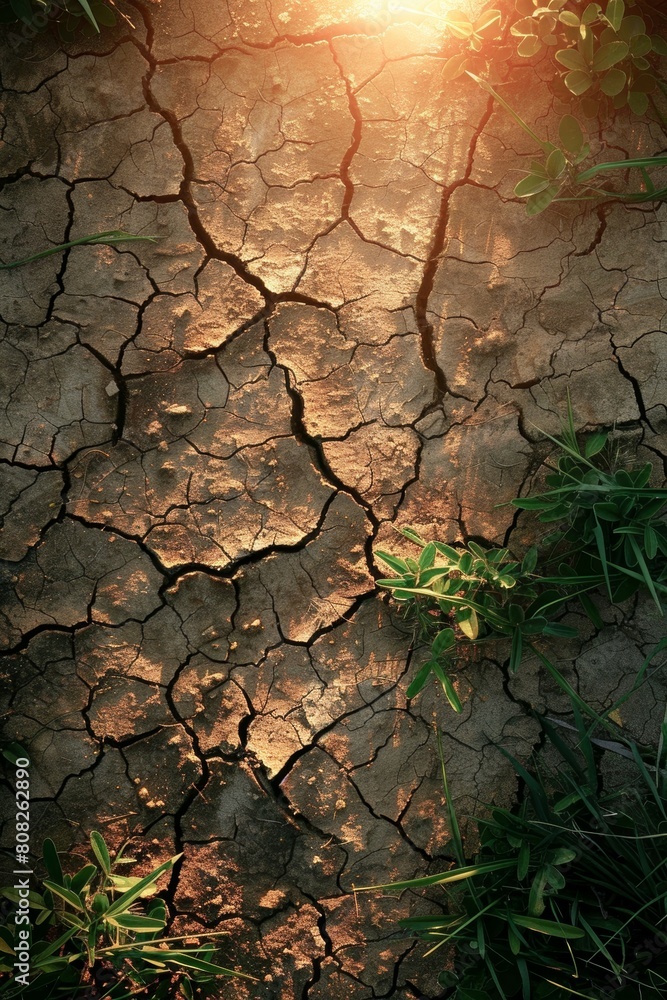 Poster sun shining through cracks in desert soil. generative ai