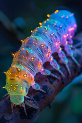 A caterpillar with segments that each glow a different vibrant color, turning it into a living rainbow as it moves,