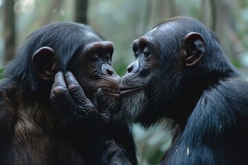 Two Young Chimpanzees Playing in Forest