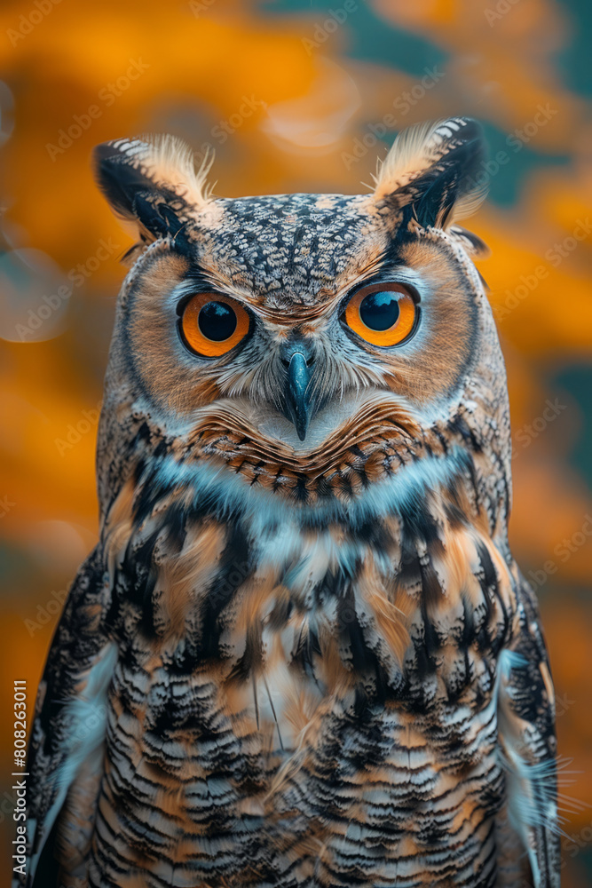 Poster an owl with eyes that spiral deeply, surrounded by feathers that ripple in a multitude of colors and