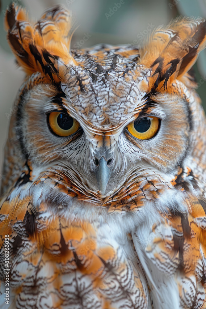 Poster an owl with eyes that spiral deeply, surrounded by feathers that ripple in a multitude of colors and