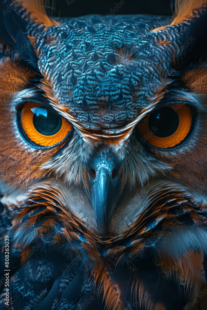 Poster An owl with eyes that spiral deeply, surrounded by feathers that ripple in a multitude of colors and shapes,