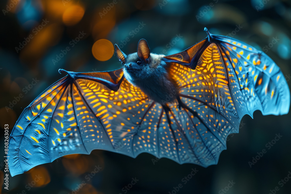 Poster a bat with wings that display glowing psychedelic patterns, lighting up the night as it flies,