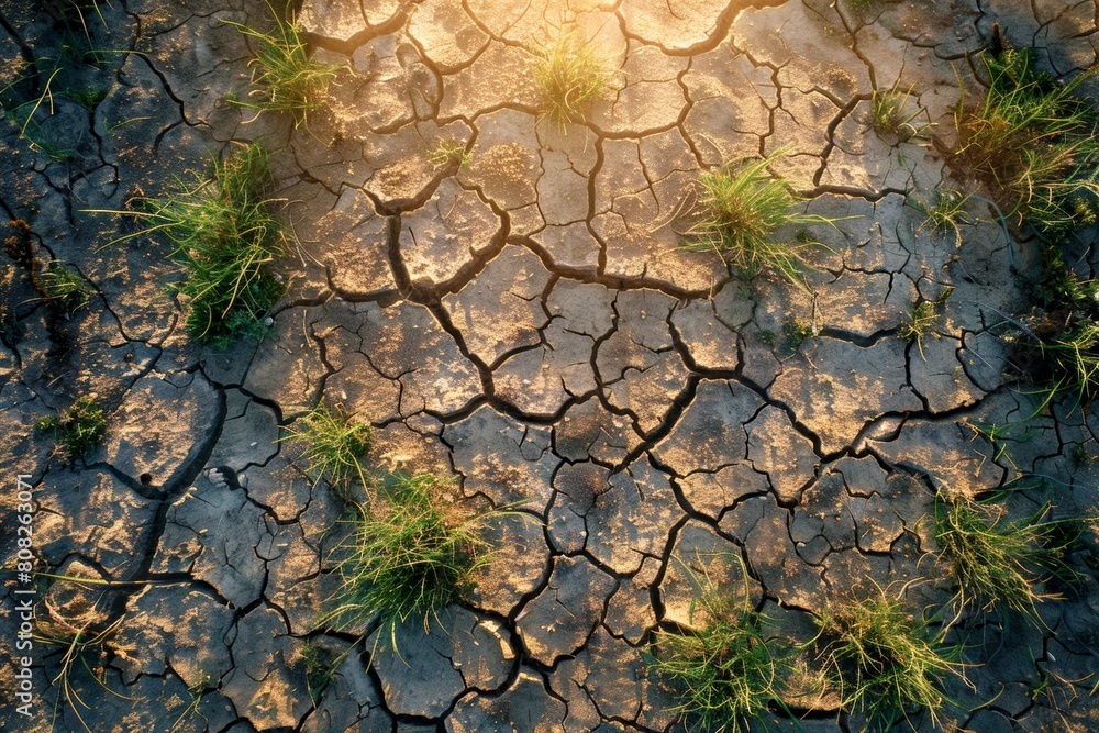 Poster sun shining through cracks in desert soil. generative ai