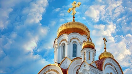 a church building adorned with golden crosses and symbols atop its roof, set against a backdrop of clear blue sky, radiating a sense of spiritual reverence and divine serenity. - Powered by Adobe