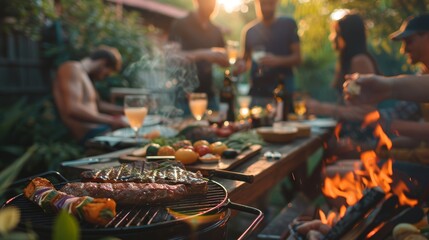 Summer evening barbecue party in lush green garden. Casual outdoor dining and entertaining concept