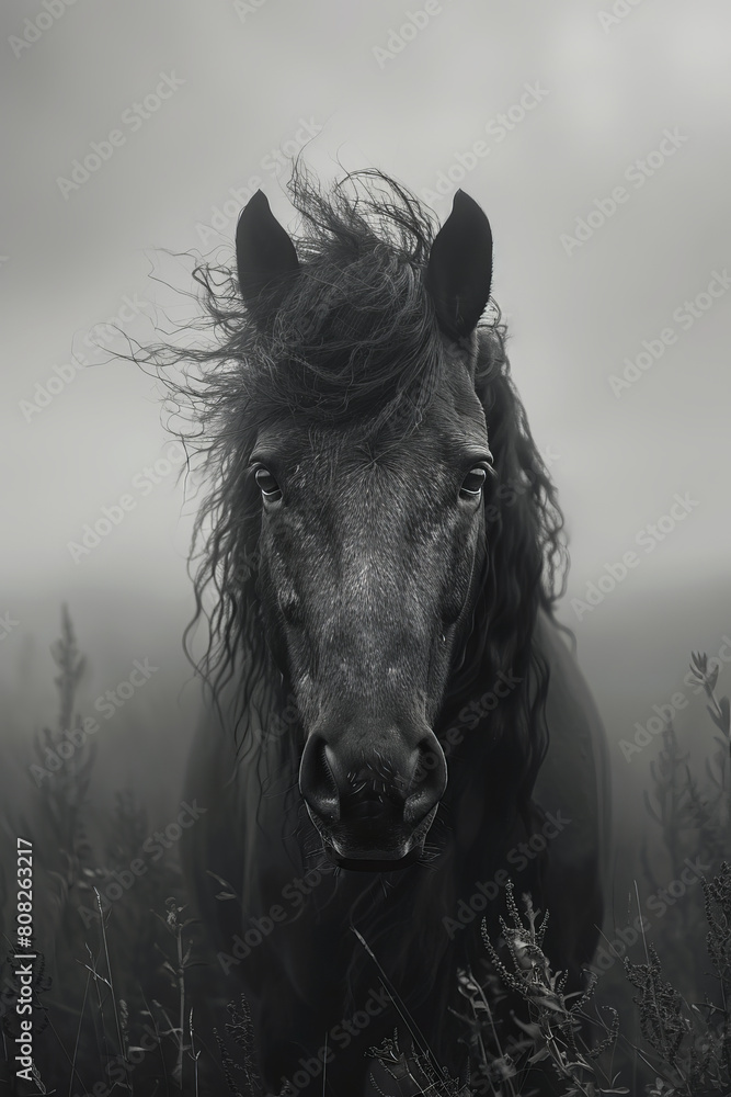 Poster A horse with a mane and tail that flow like paint on a canvas, blending into wild, abstract patterns as it gallops,
