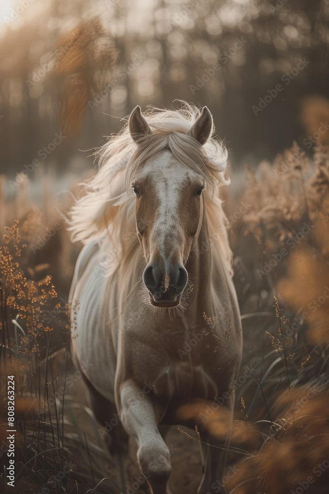 Poster A horse with a mane and tail that flow like paint on a canvas, blending into wild, abstract patterns as it gallops,