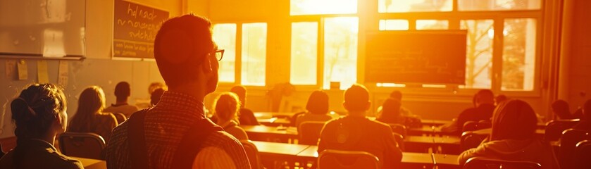 Fototapeta premium Teacher stands in front of a classroom teaches students about methods for predicting gold prices , bathed in warm sunset light, creating a serene atmosphere.
