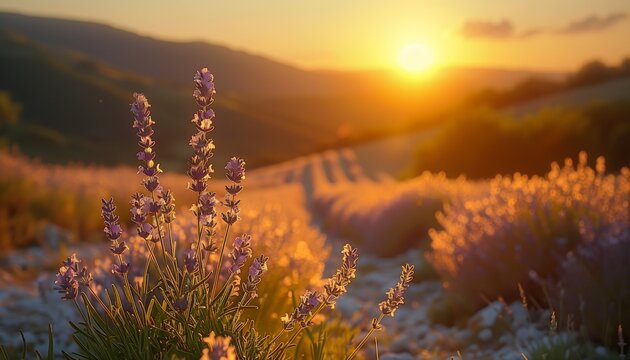 lavender flowers field sun setting background unwind golden sunset sky natural shaders good morning light space landscaping calming