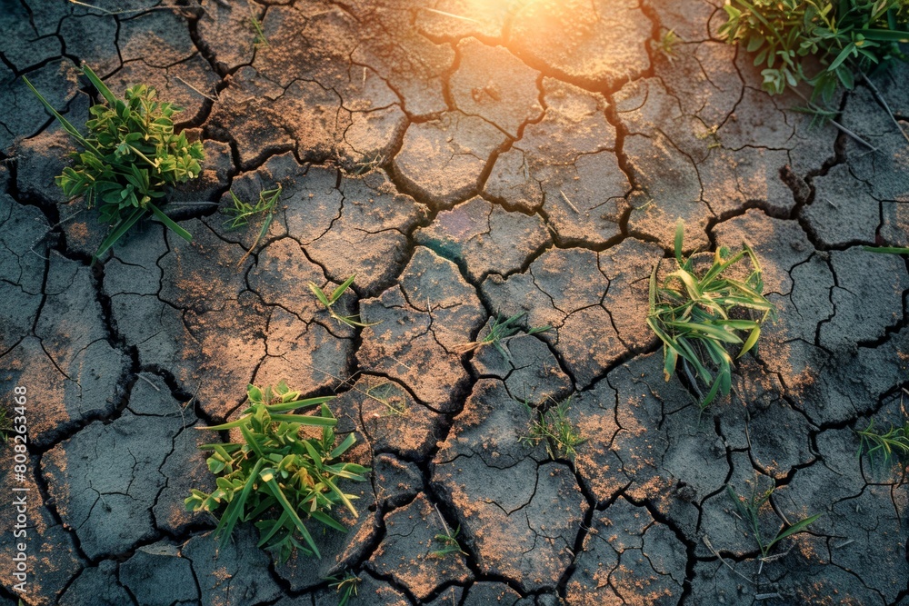 Aufkleber sunlight filters through cracks in desert soil. generative ai