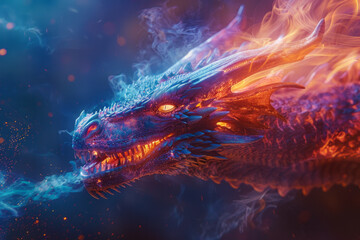 A dragon breathing a fire that is a swirling rainbow of colors, casting a mesmerizing light,