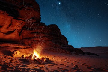 Campfire under a starlit sky in the Sahara Desert, camping rocks campfire rock formation desert, Ai generated