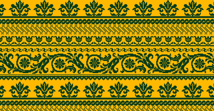 Set of vector gold and green seamless Kazakh national ornament. Ethnic pattern of the nomadic peoples of the great steppe, Seamless textile border Pattern Henna border pattern Malaya pattern symbol