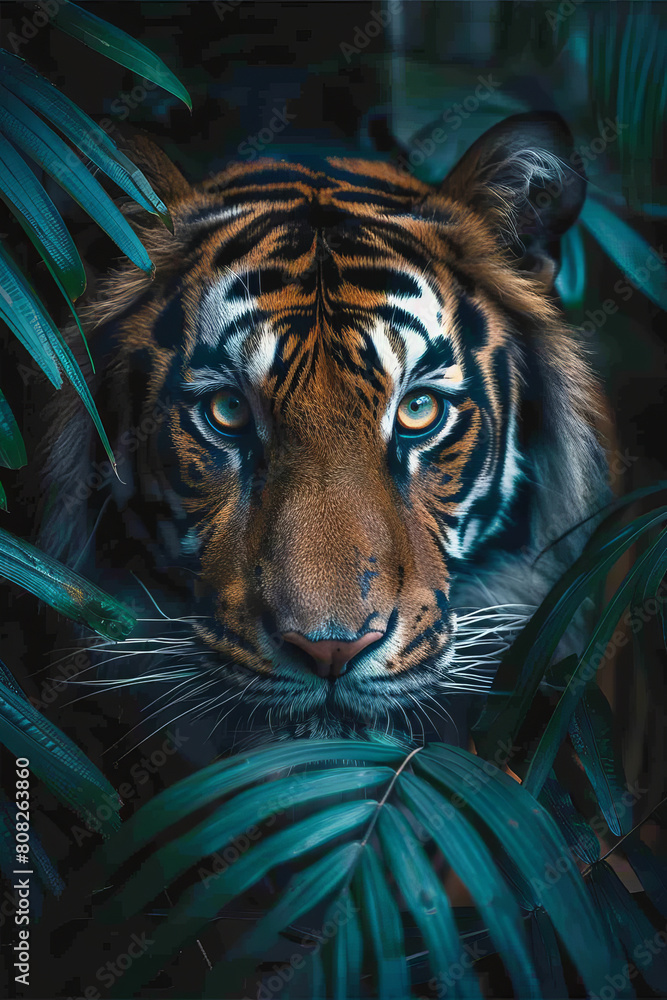 Leinwandbilder a tiger whose stripes pulse and change colors, blending into a jungle background that itself seems a