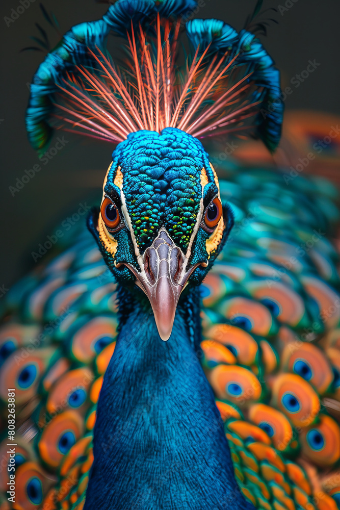 Poster A psychedelic peacock with feathers exploding in a kaleidoscope of neon colors, each eye spot swirling independently,
