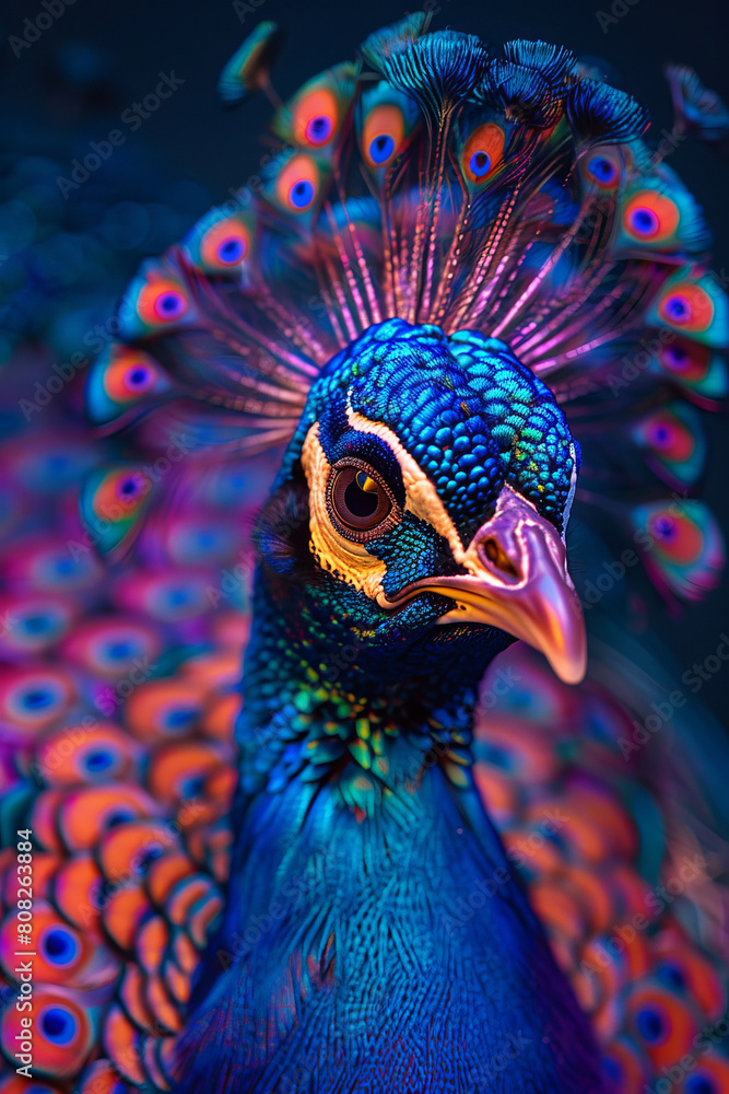 Poster a psychedelic peacock with feathers exploding in a kaleidoscope of neon colors, each eye spot swirli